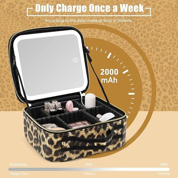 Leopard Makeup Bag Light Up Mirror Travel Cosmetic Brush Organizer Storage Box - Picture 4 of 5